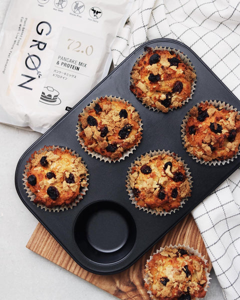 GRØNのパンケーキミックスのレシピ -ナッツとレーズンのビーガンマフィン